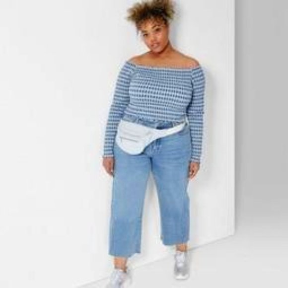 Wild Fable Plus Blue Plaid Check Long-Sleeve Smocked Scrunch Crop Top 💙 - Picture 1 of 10